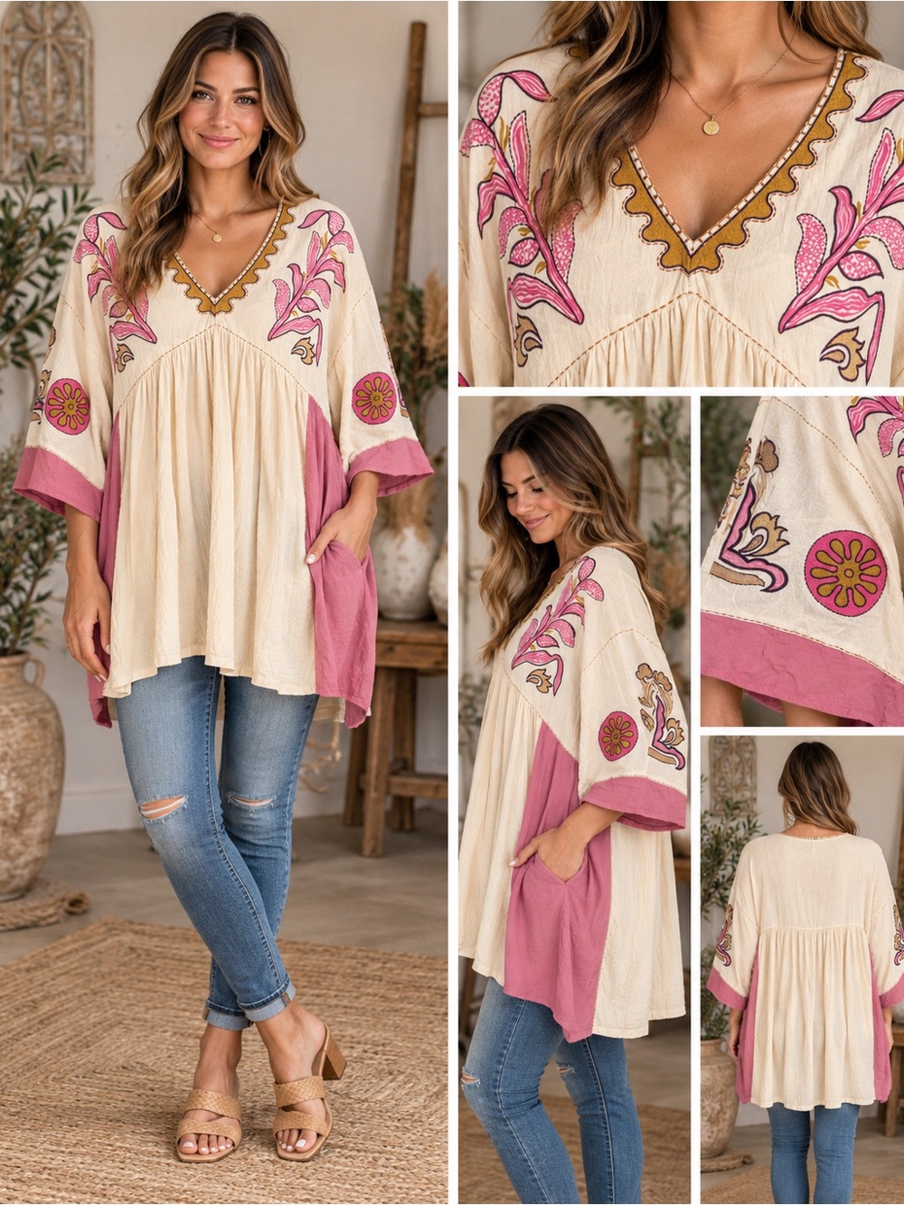 Easel Los Angeles Embroidered Boho Tunic Top